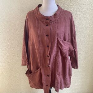 Cynthia Ashby 100% Linen Shirt Button Down Tunic Top Oversized Lagenlook Red: XL